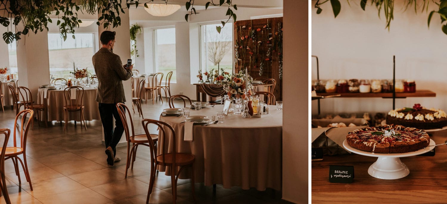 Elegancka restauracja z ciastami na stole bufetowym.