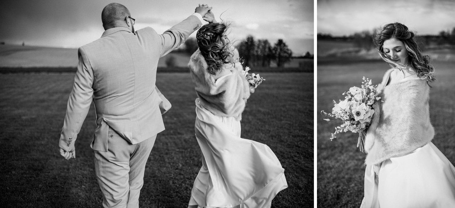 Para młoda tańczy na polu, Panna Młoda z bukietem.