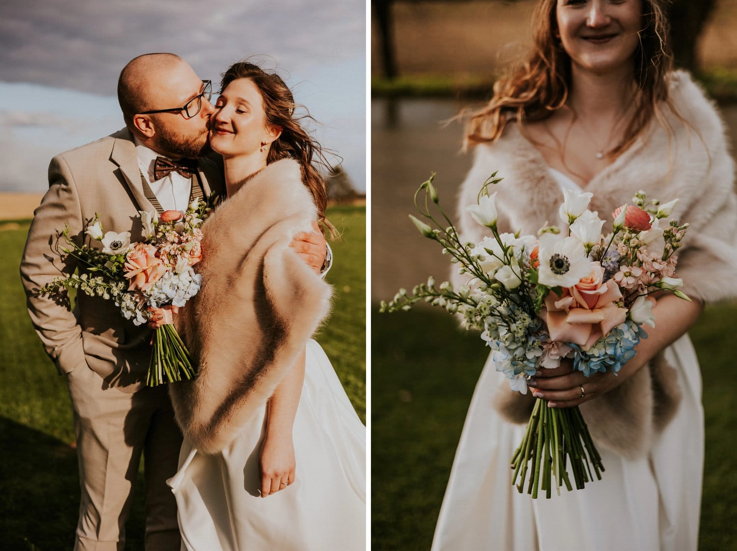 Para młoda z bukietem na ślubnym zdjęciu plenerowym.