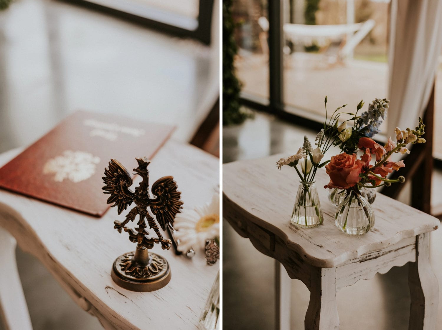 Dekoracyjny stół z polskim orłem i kwiatami.