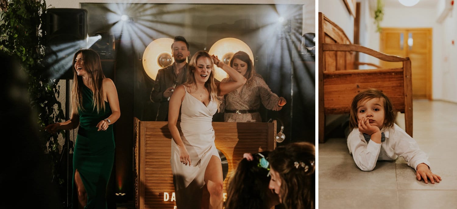 Osoby tańczące na weselu i znudzony chłopiec.