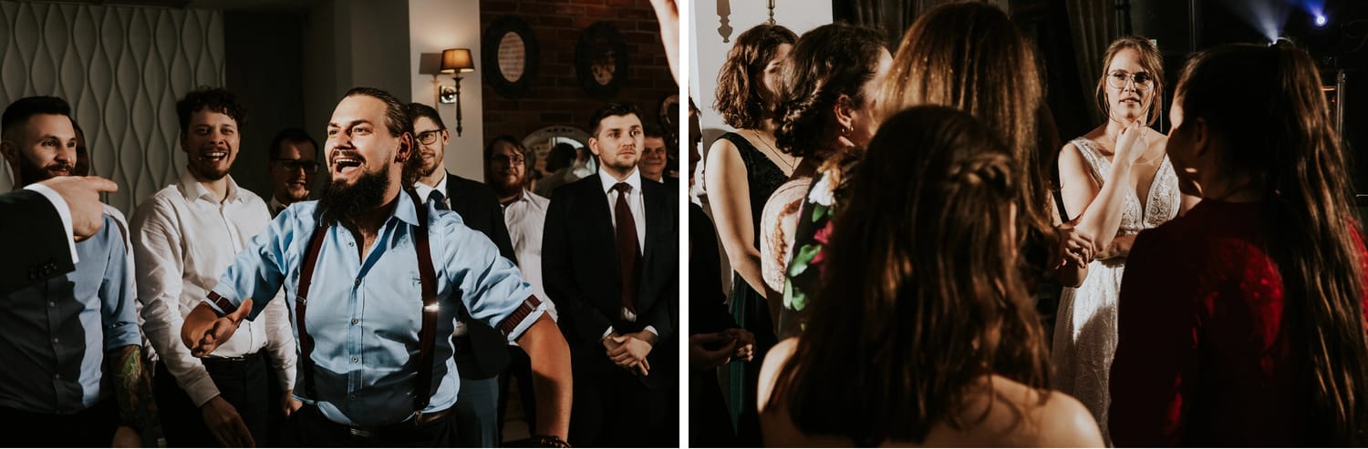 Ludzie tańczą i rozmawiają na weselu.