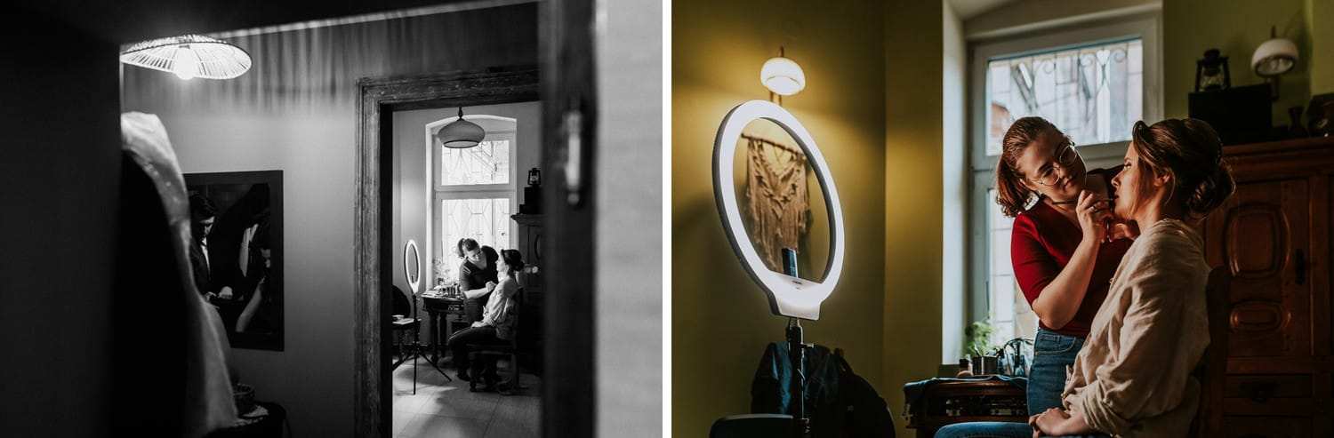 Makijaż ślubny przed ceremonią w domowym zaciszu.