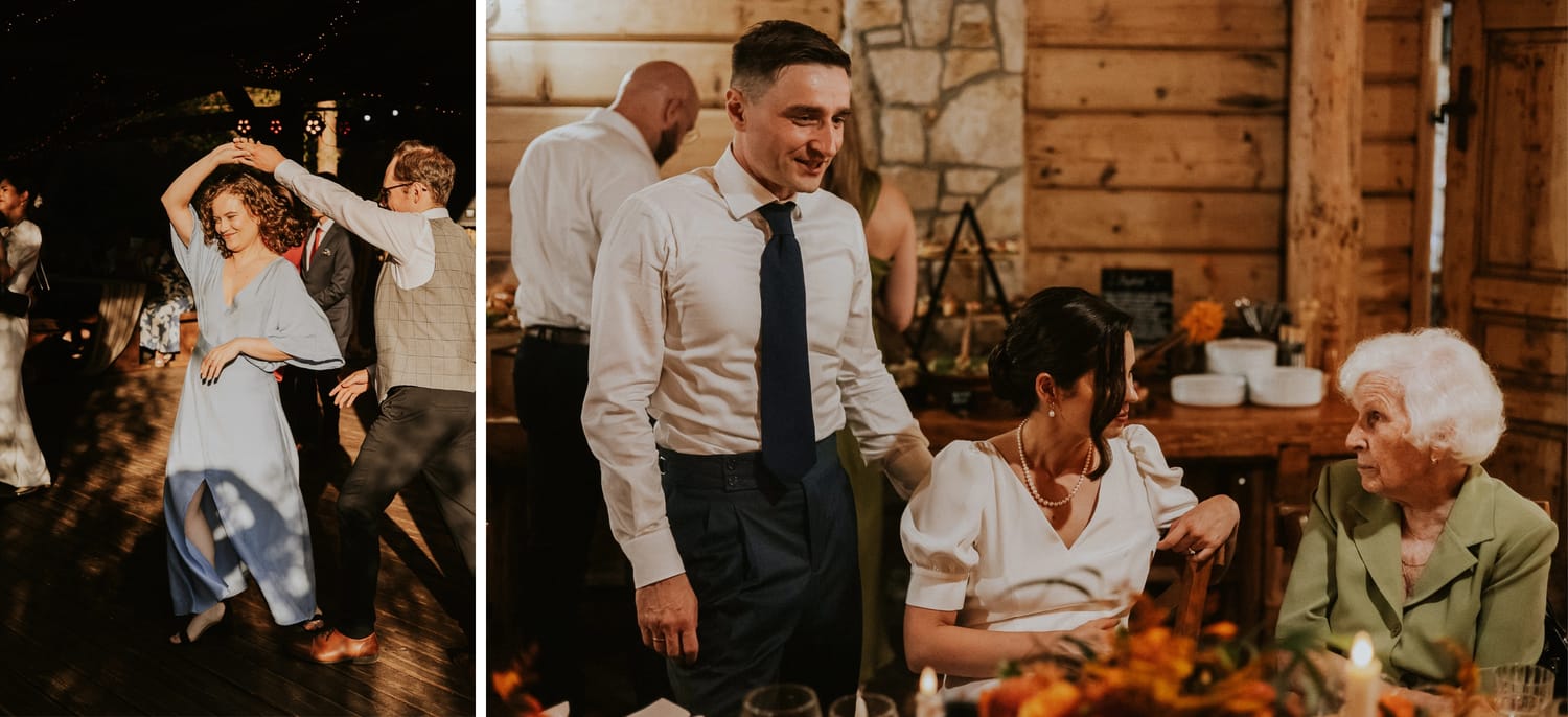 Tańczący ludzie na weselu, rozmowy przy stole.